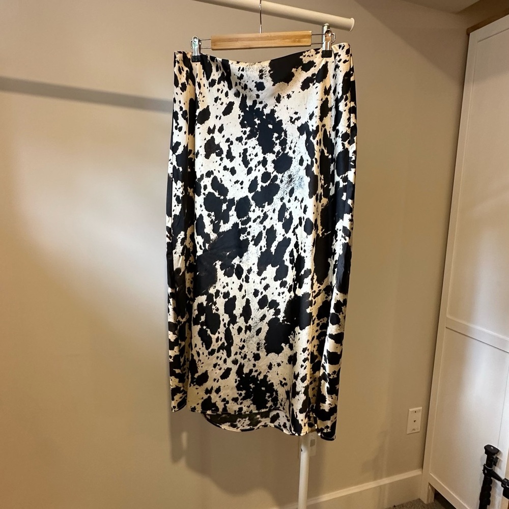 Rachel Zoe Black and Cream Cow Print Satin Midi Skirt